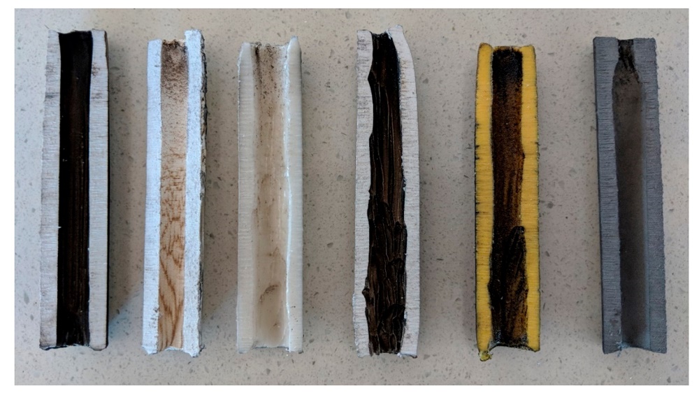 每个不同的小规模燃料颗粒的横截面,从左到右:ABS,PLA,PP,ASA,PTEG和AL 每个不同的小规模燃料颗粒的横截面,从左到右:ABS,PLA,PP,ASA,PTEG和AL